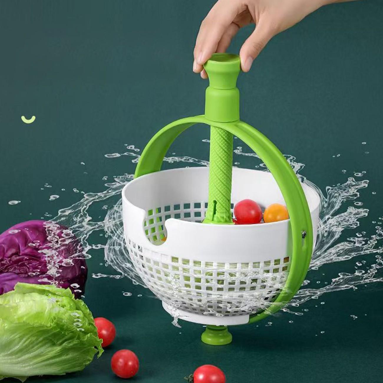 Salad spin dryer, kitchen vegetable cleaner centrifugal water-draining basket, rotating draining basket. Household vegetable and fruit salad spin cleaning, two-in-one easy-to-use and foldable salad spinner and filter strainer.