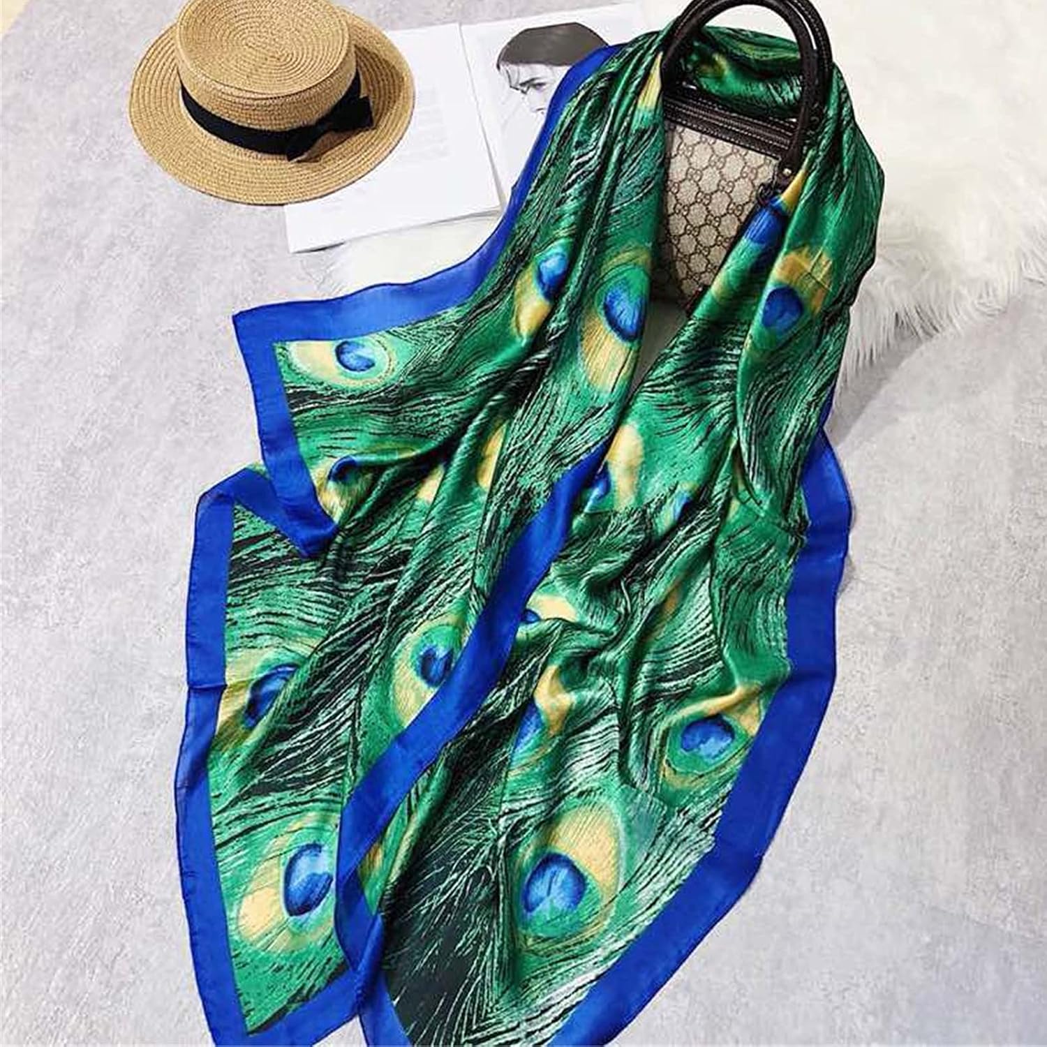 Women Silk Scarf Long Large Peacock  Print Wrap Shawl Scarves Headscarf