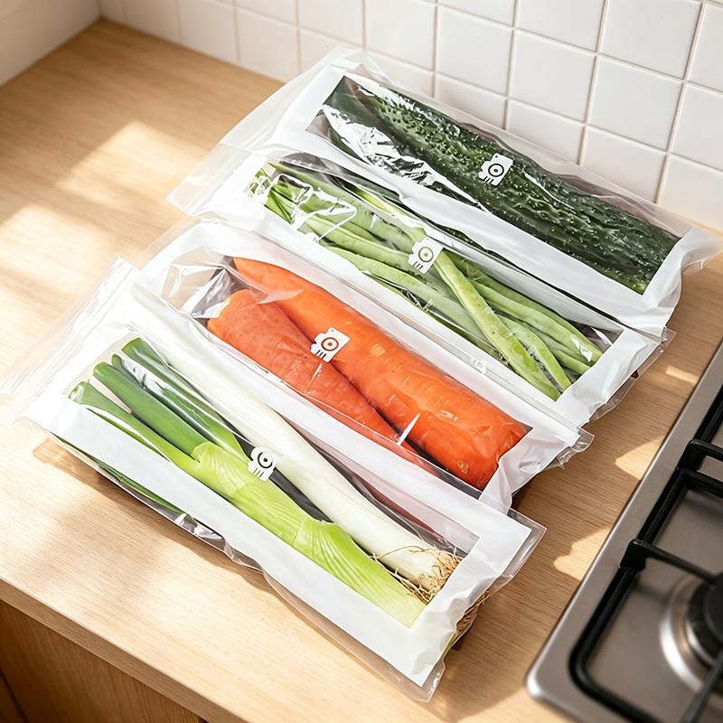 50pcs Grade PE Plastic Long Strip Storage Bags with Snap Buttons - Airtight Seal Kitchen Preserving Containers, Disposable Durable Transparent, Space-Saving for Refrigerator Fruits, Meat