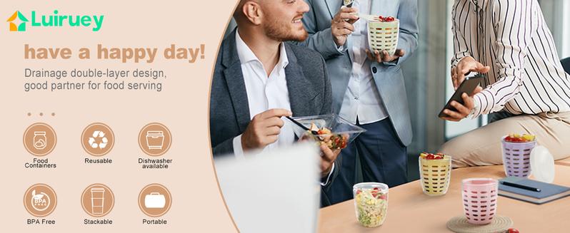 Portable Picnic Party Fruit Salad Storage Cup with Lids and Fork,20 Oz Fruit Storage Containers for Fridge with Removable Colander BPA-Free,Leak-Proof,Keep Fruits,Berry,Salad Fresh longer