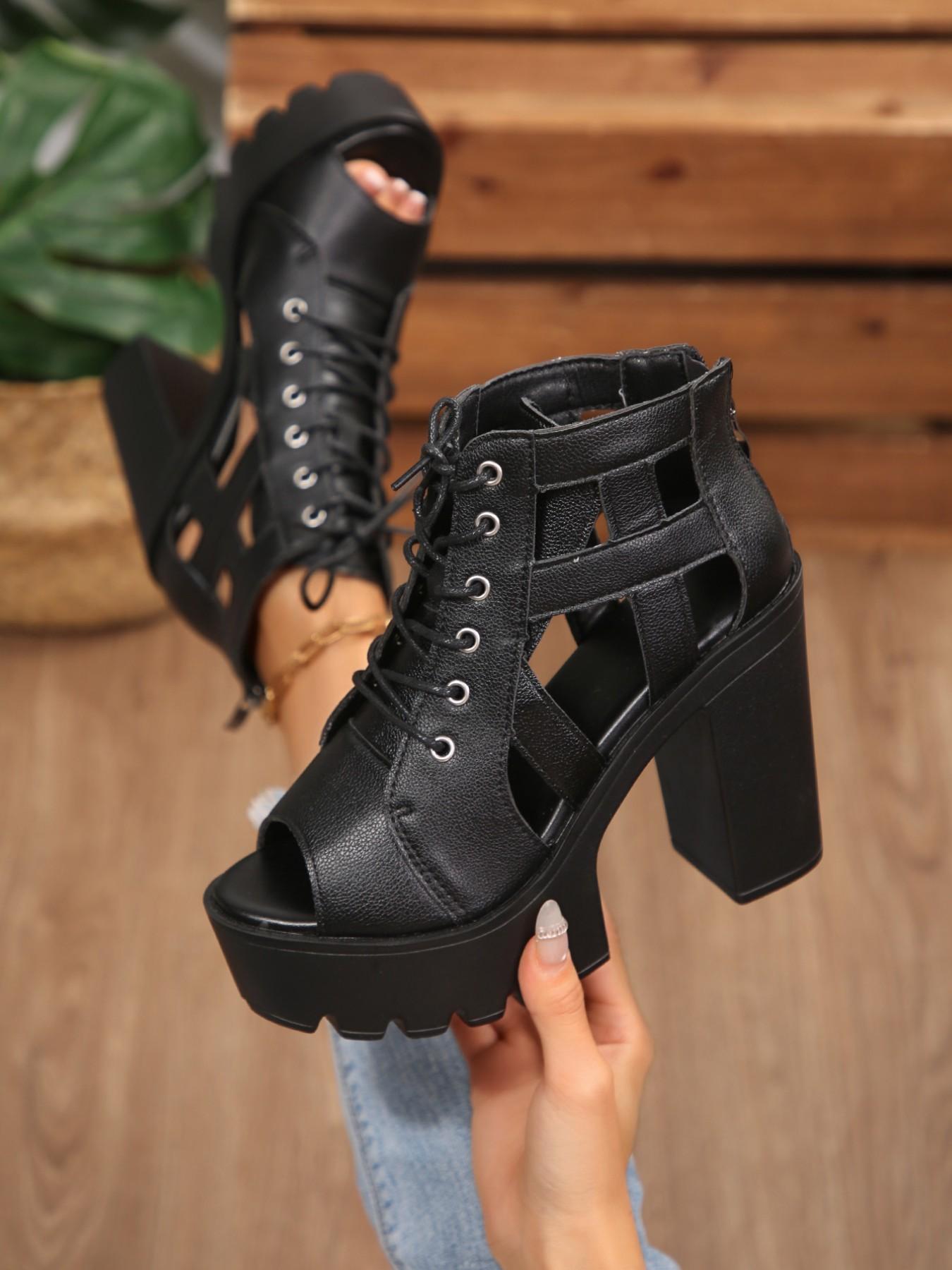 Hollow Out Fish Mouth High Top Sandals, Thick Sole Waterproof Roman Boots, Laces and Zipper Design, Slimming and Tall, Fashionable Women's Shoes