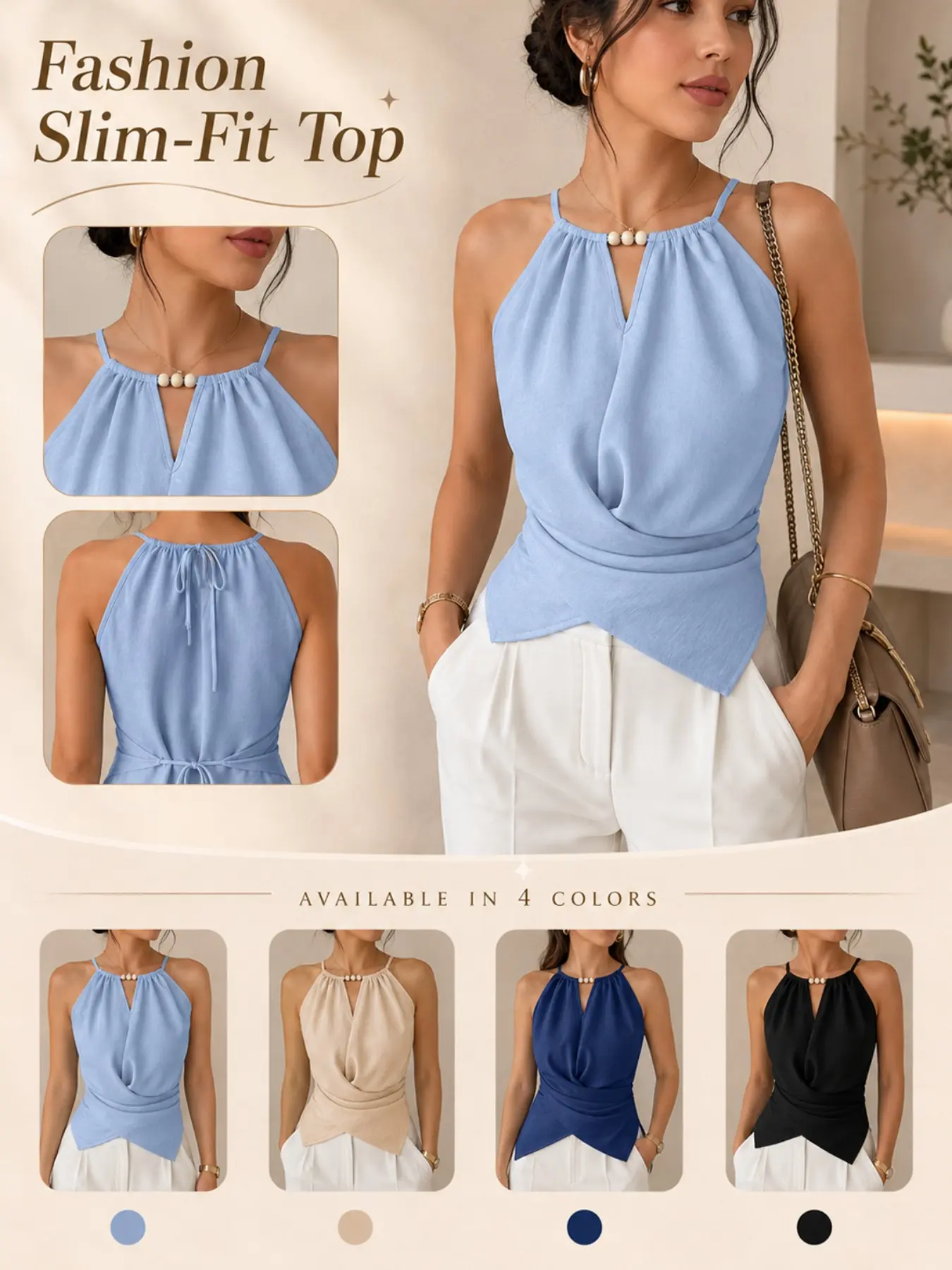 Women's Soft Light Blue Halter Top, Pearl Neckline, Tie Waist, Asymmetrical Hem, Casual Summer Chic Blouse, Perfect for Outing and Dinner