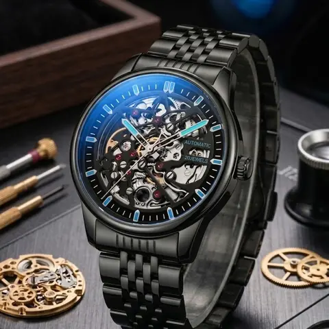 Men's Business Fashion Automatic Round Dial Mechanical Watch with Engraved Design, Elegant All-match Fashion Accessories for Daily Wear, Exquisite Accessories for Birthday Gifts, Mechanical Style Watches, Mechanical Wristwatches, Analog Mechanical Watches