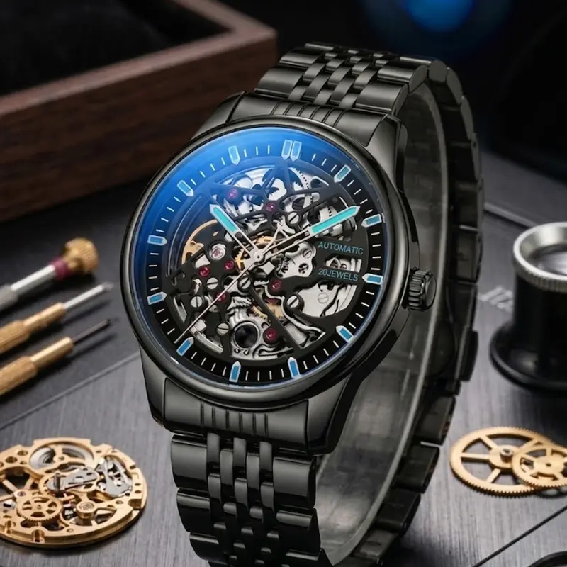 Men's Business Fashion Automatic Round Dial Mechanical Watch with Engraved Design, Elegant All-match Fashion Accessories for Daily Wear, Exquisite Accessories for Birthday Gifts, Mechanical Style Watches, Mechanical Wristwatches, Analog Mechanical Watches