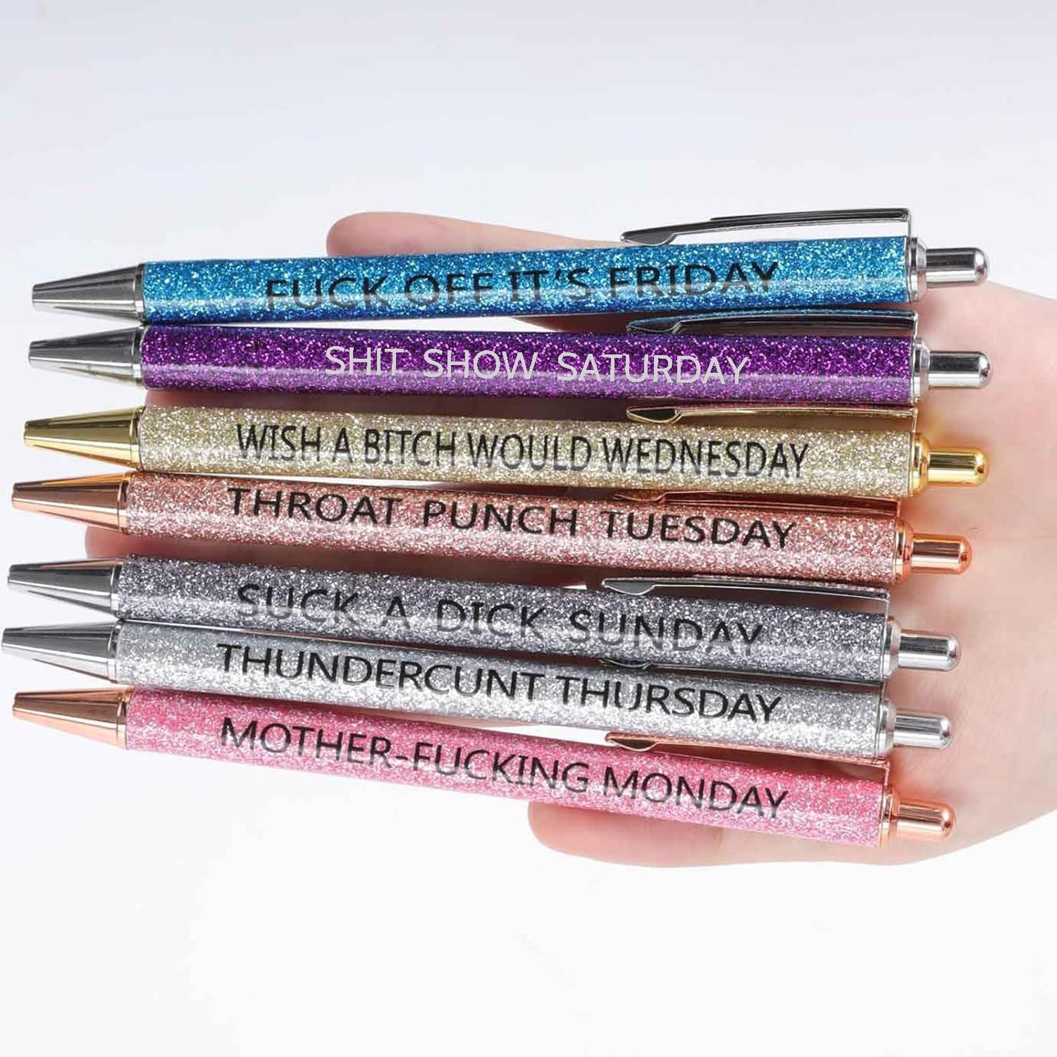 7-Piece Funny Pens for Adults, Office Pens with Sayings for Each Day of the Week, Weekday Glitter Ballpoint Pen Set, Inspirational Gift for Colleagues, Multi-Colored, High Quality