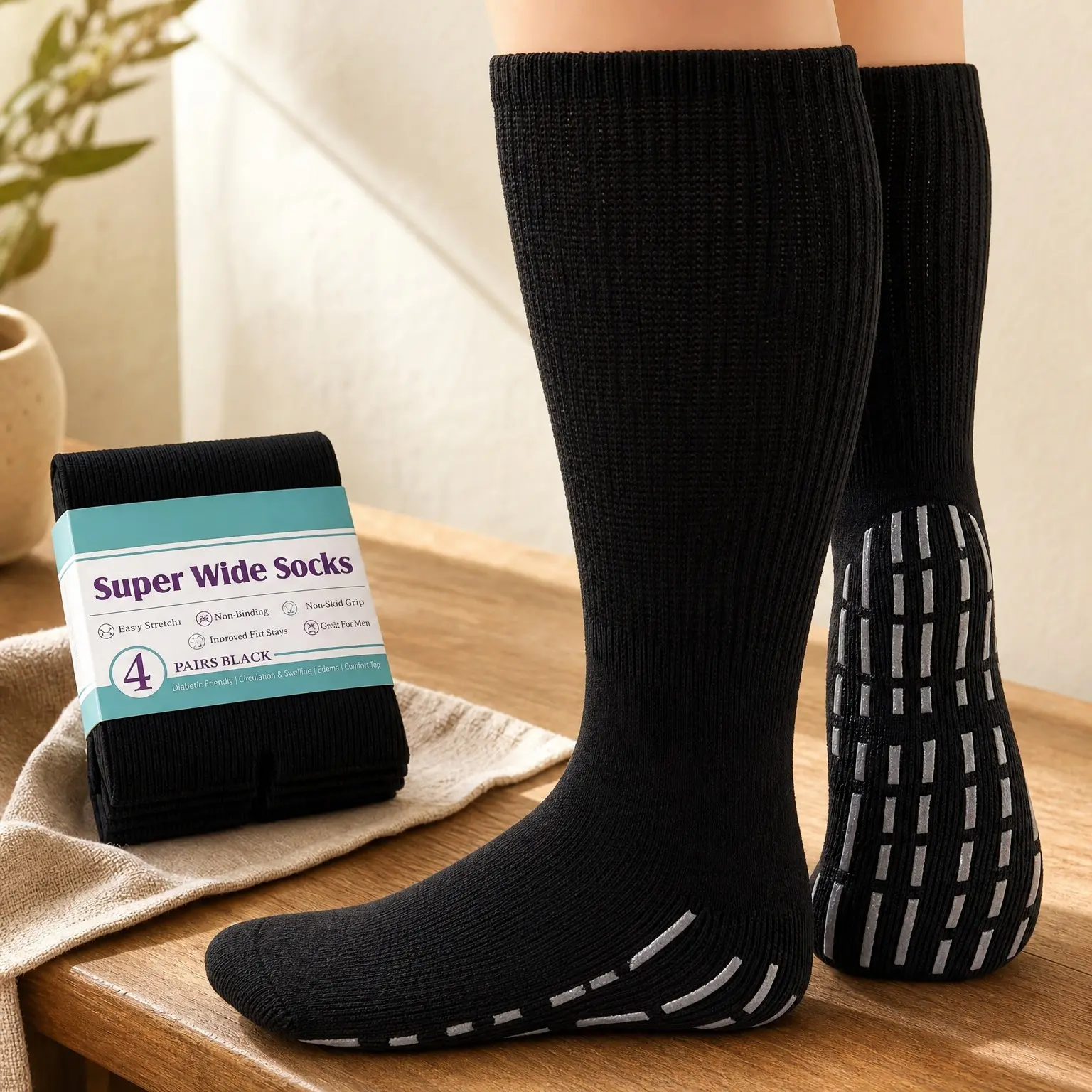 Extra Wide Socks for Swollen Feet - 4 Pairs Hospital Grip Socks, Bariatric Diabetic Socks for Women & Men, Size 13-15Gift
