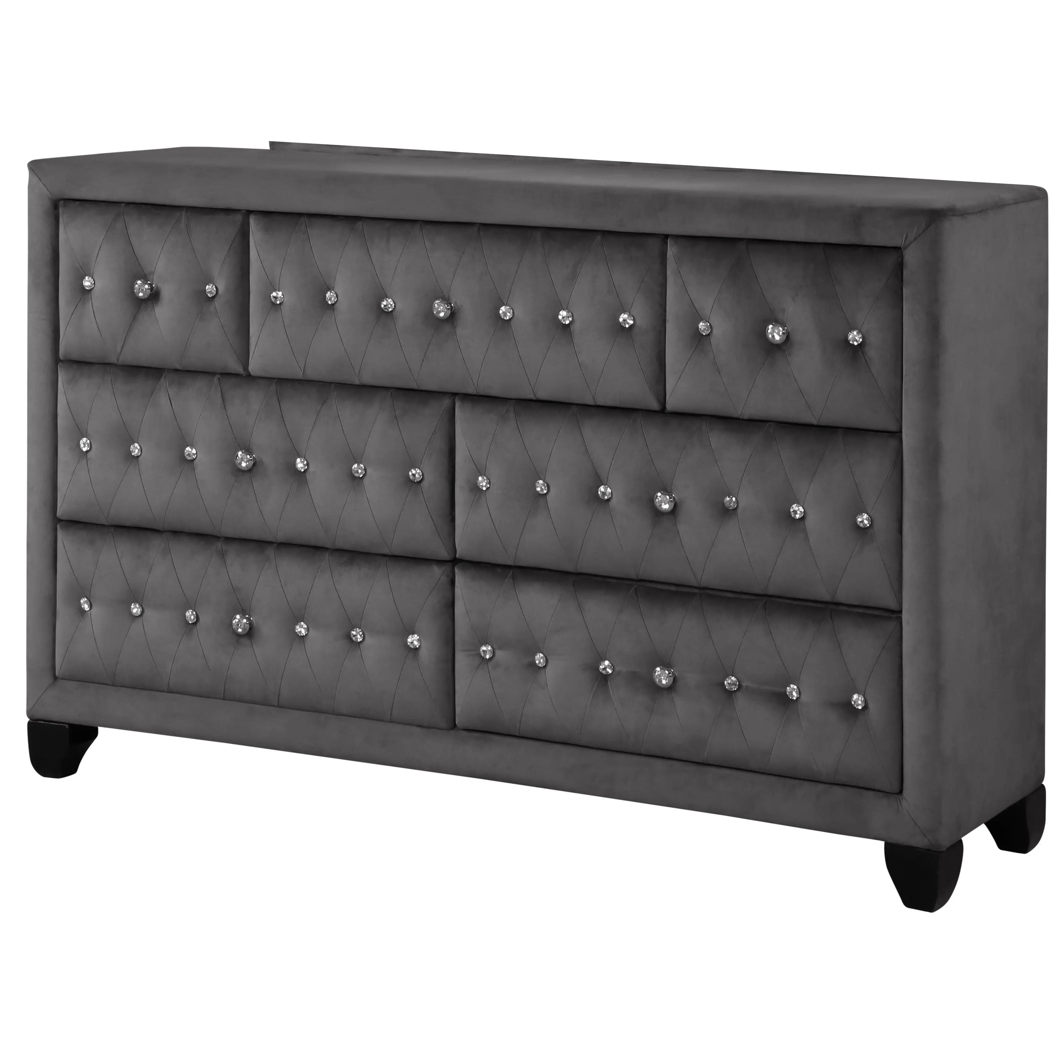 Nokaa Modern Crystal Tufted 7-Drawer Dresser for Bedroom, Velvet Upholstered Chest of Drawers, Solid Wood & MDF Frame, Acacia Wood, Gray Finish, 60W x 16D x 38H Inches, Large Storage Cabinet, Contemporary Style, Single Box, Partial Assembly Required