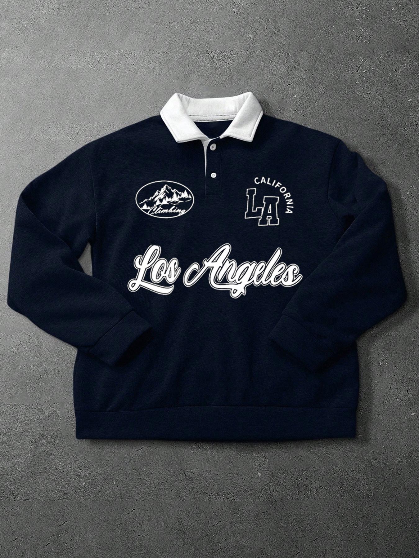 Men's Loose Fit Colorblock Collar Long Sleeve Graphic Polo Shirt, Casual Street Style, Fashionable Outdoor Sports Wear, All Seasons