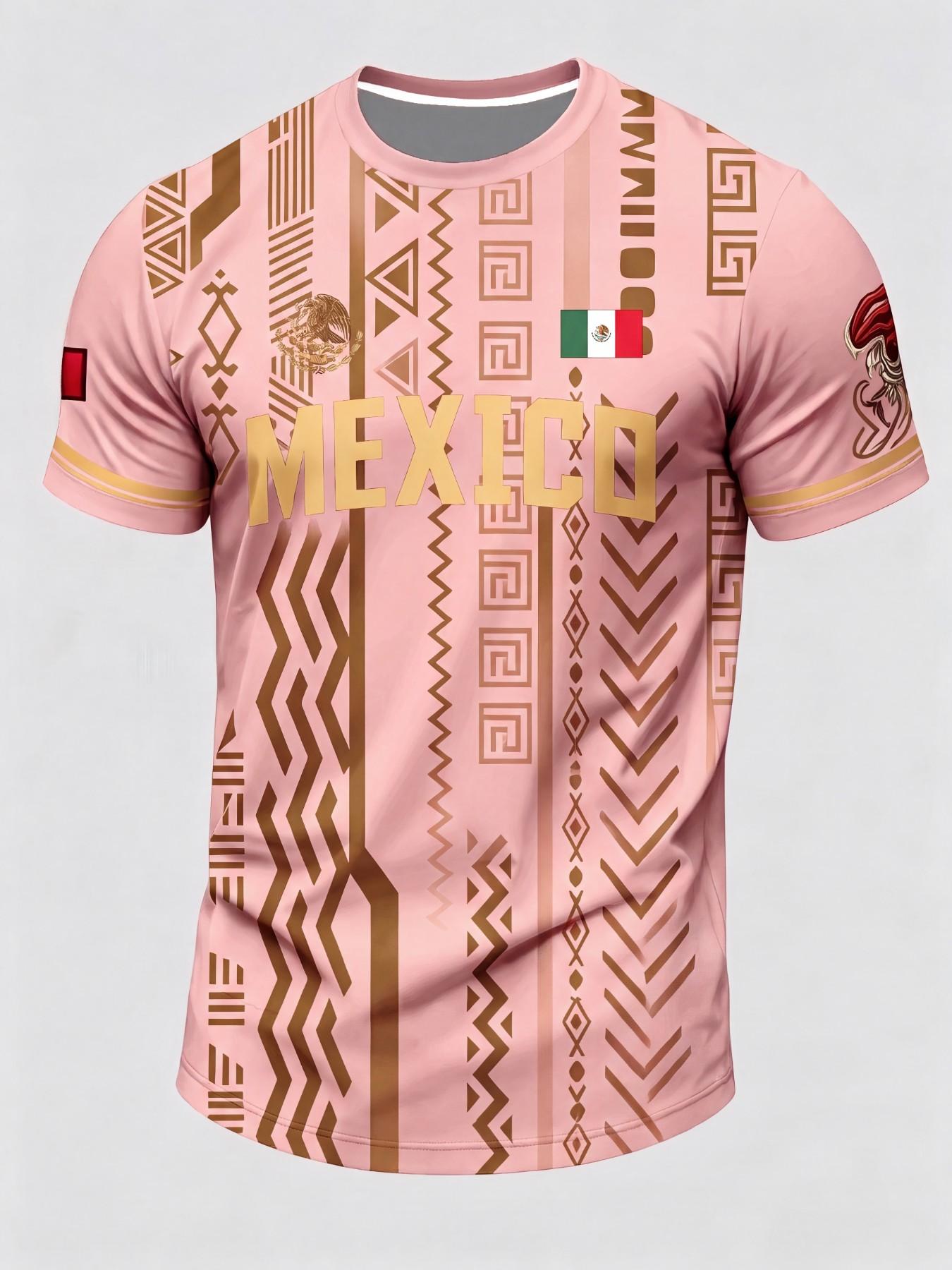 Men's Summer Short Sleeve T-Shirt, Mexican Tourism Cultural Souvenir, Dark Pattern Round Neck, Outdoor Casual Fashion Print