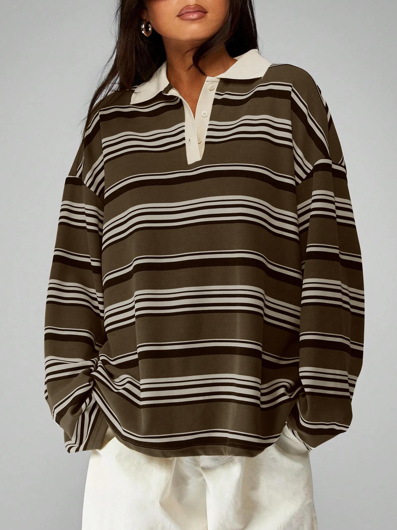 Vintage Striped Collared T-Shirt, Casual Loose Fit, Daily Commute/dating, Comfortable and Stylish, Perfect for Everyday Wear