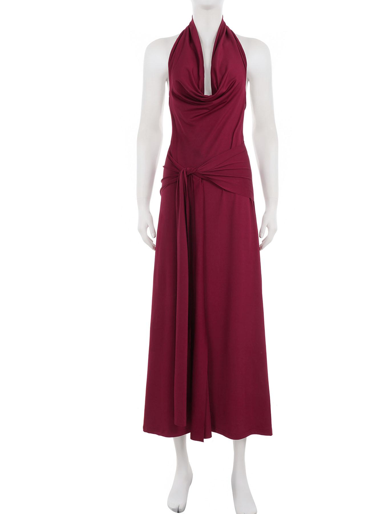 Women's Sexy Backless Slim Fit Halter Burgundy Long Dress, Two-Wear  Options, Off-Shoulder Waist Tie Ruched Bodycon Sleeveless Red Party Dress -  TikTok Shop