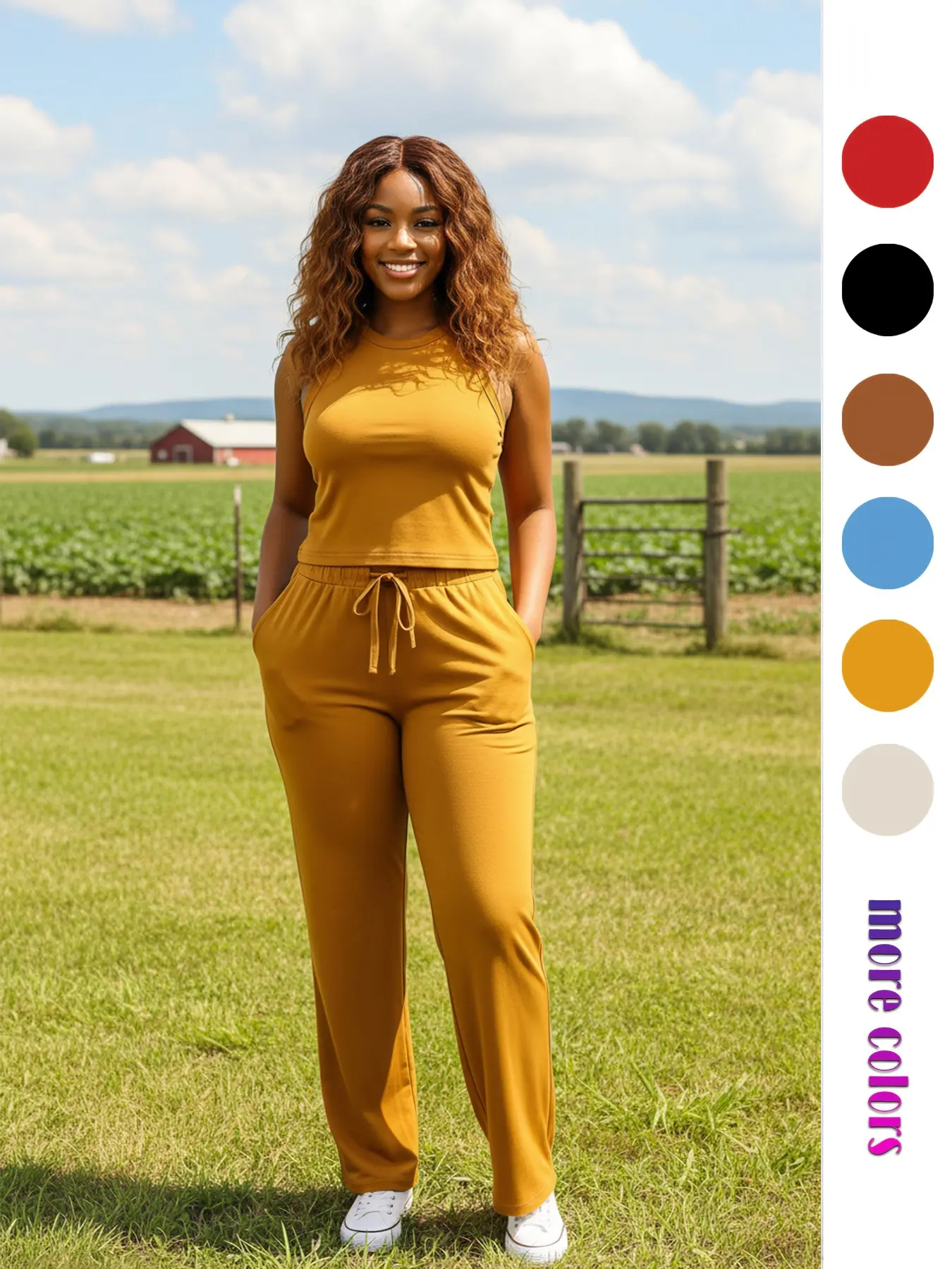 Women's Sleeveless Plain Two-Piece Set, Casual Commute Home, Elastic Waist Belt Design, Comfortable Sleepwear, Travel & Fitness