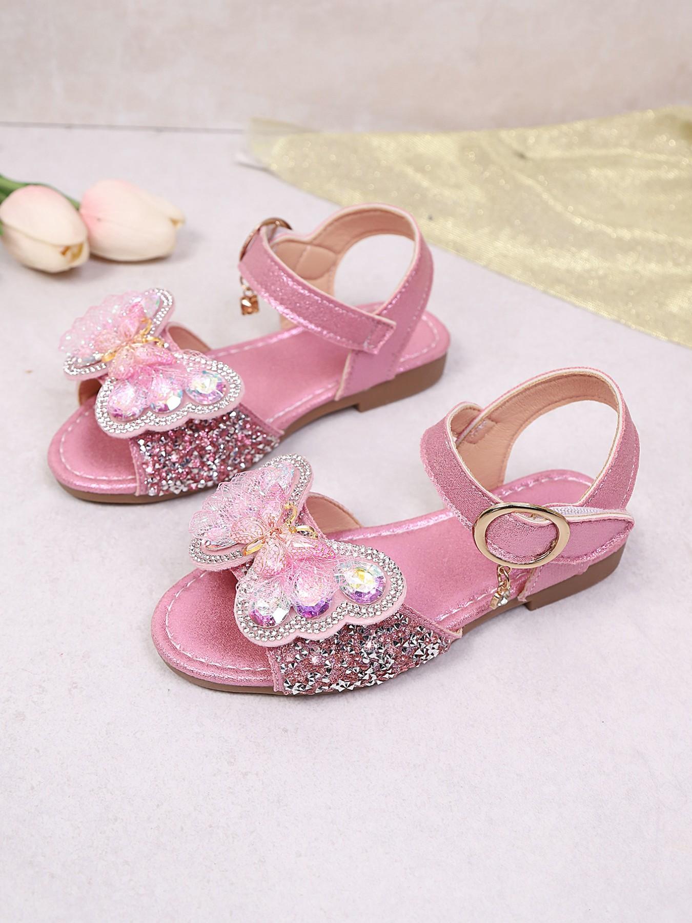 Must-Have Summer Sandals for Girls, Crystal Bow Detail, Adjustable Strap, Elegant Textile Upper, Rubber Sole, Spring & Fall