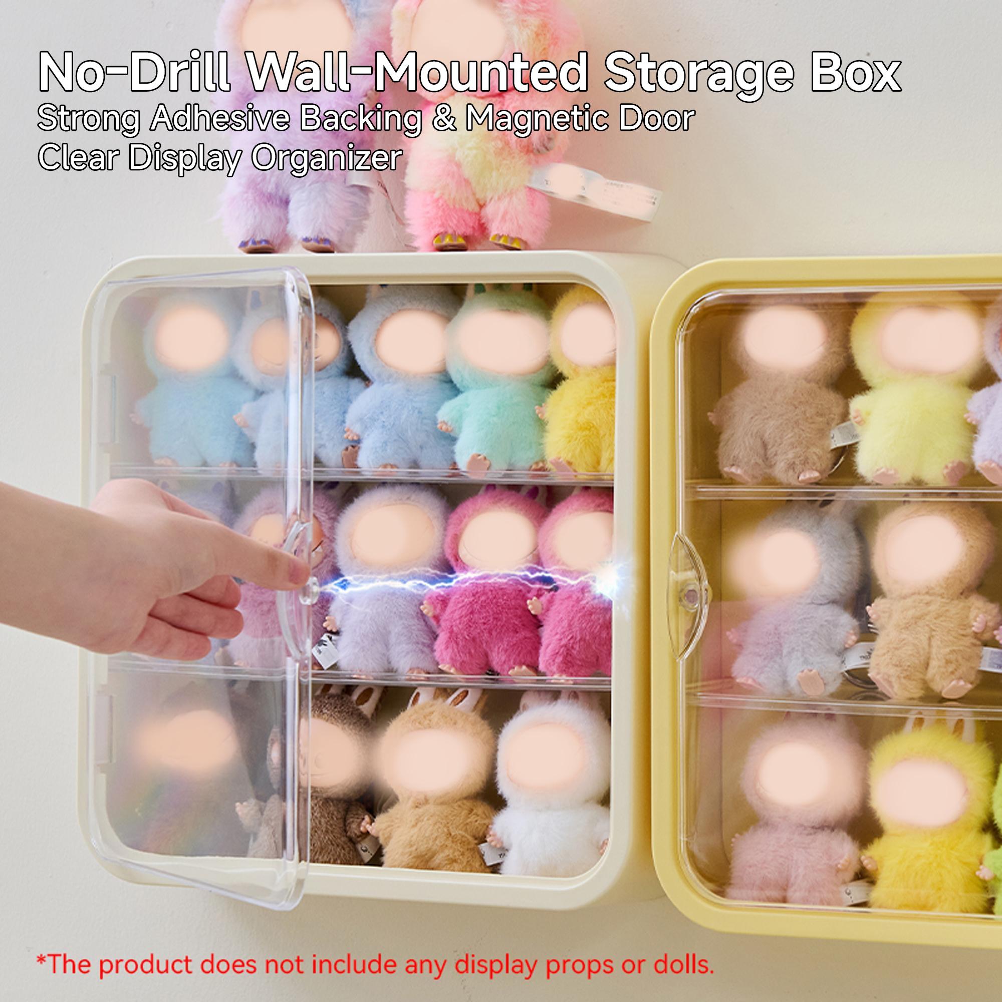 Plush Keychain Display & Storage Box with Magnetic Door, 3-Layer Compartments, No-Drilling Wall Mount, Ideal for Popmart Plush Keychains, Labubu, Skullpanda, DIMOO, HIRONO, MOLLY Collectors, Organizing, Room Accessories