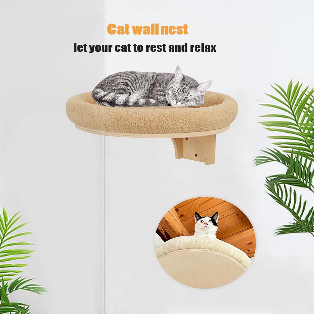 Modern Crude Wood Wall Mounted Cat Nest Bed Climbing Shelves With Sisal Scratching Post- Cat Houses & Condos for Indoor Cats Playing and Relaxation