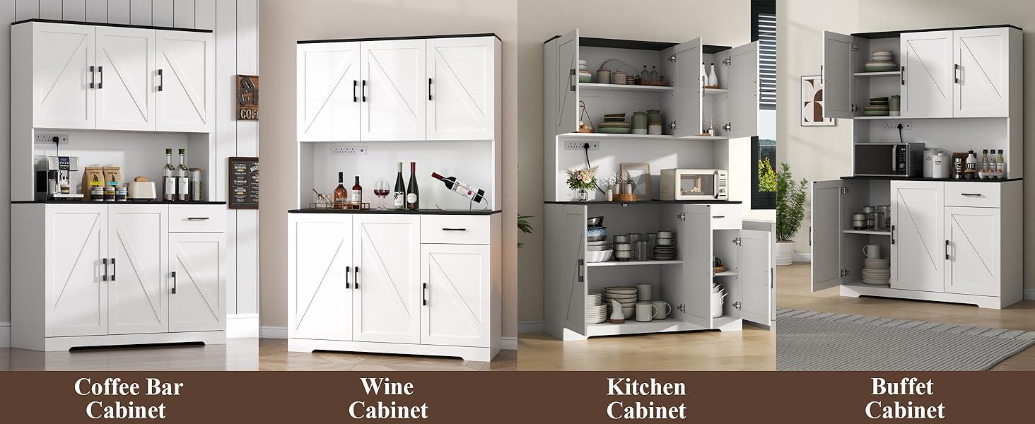 Farmhouse Kitchen Pantry Cabinet 71" Tall with 4 Adjustable Shelves, 6 Doors, Power Outlet, Freestanding Design for Kitchen Storage Cupboard