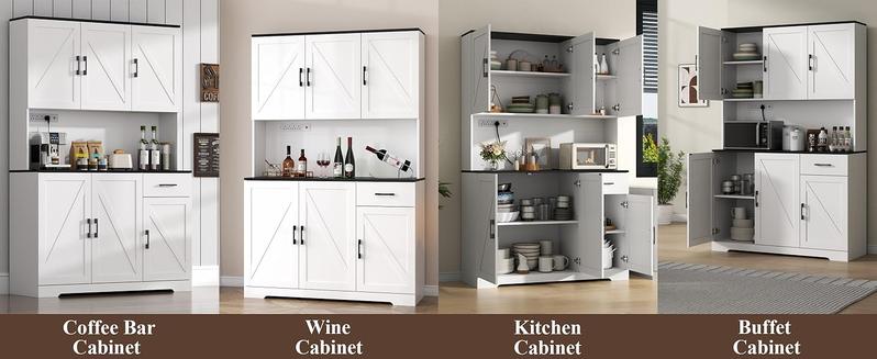 Farmhouse Kitchen Pantry Cabinet 71" Tall with 4 Adjustable Shelves, 6 Doors, Power Outlet, Freestanding Design for Kitchen Storage Cupboard