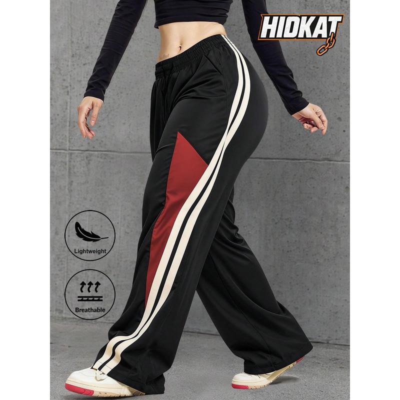 Women’s Y2K Color Block Wide-Leg Track Pants - Lightweight, Stretchy, Breathable Side Stripe Baggy Pants for Gym, Street, Daily Wear