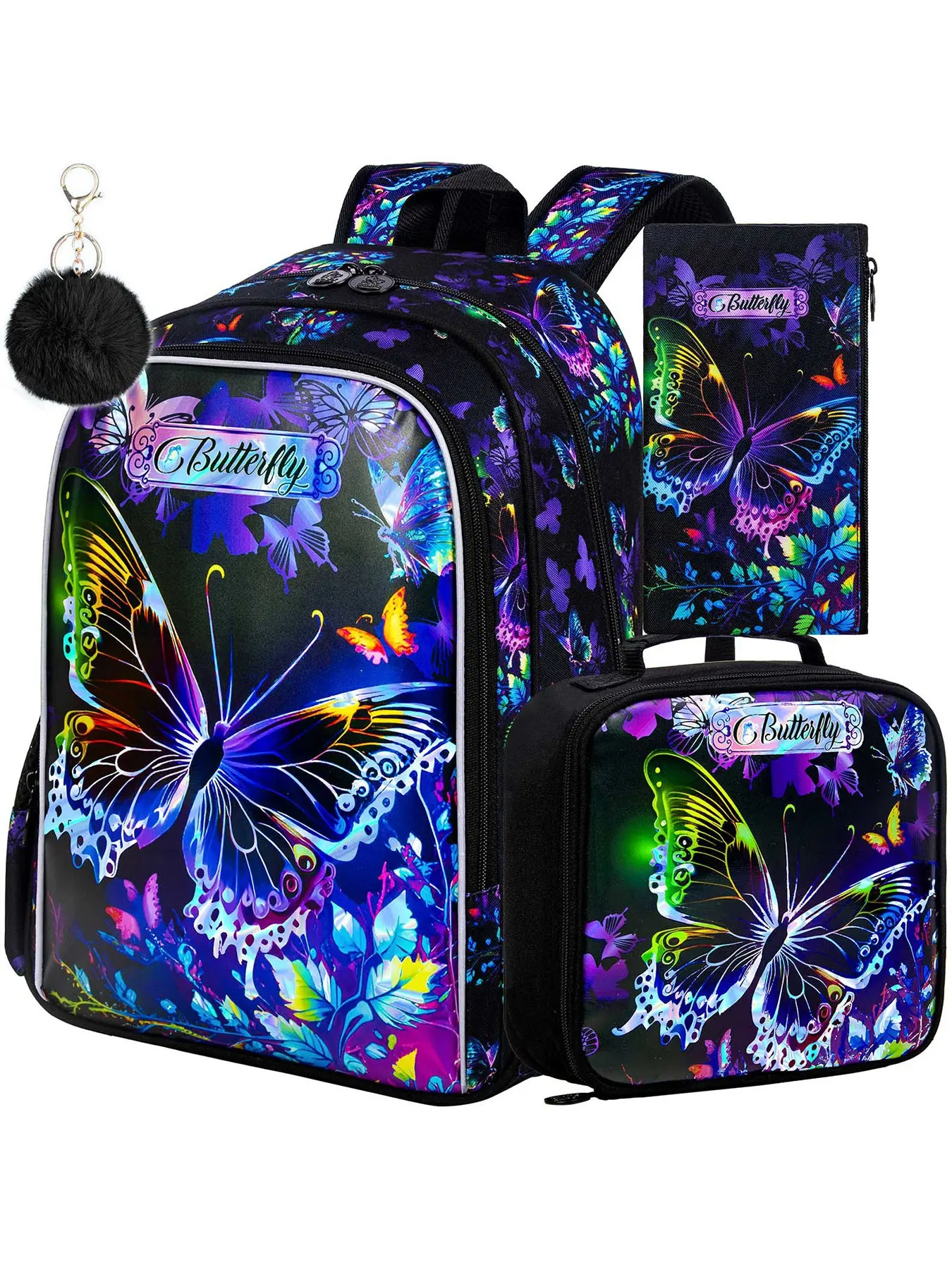 3PCS 16 Inch Backpack Set, Black Background Colorful Butterfly UV Print Backpack, Backpack + Handbag + Pencil Case, Student Backpack for School & Travel