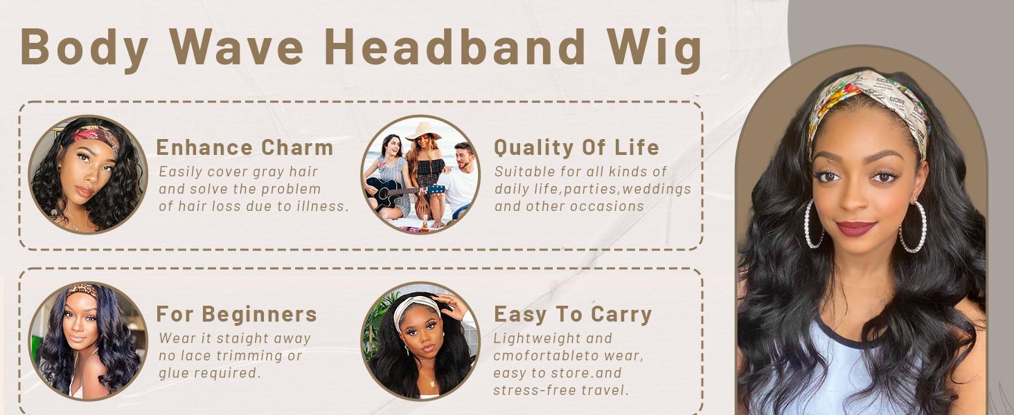 Wear and Go Body Wave Headband Wig Synthetic Wavy Wig for Black Women Glueless Wig with Headband Attached Heat Friendly 22 inch