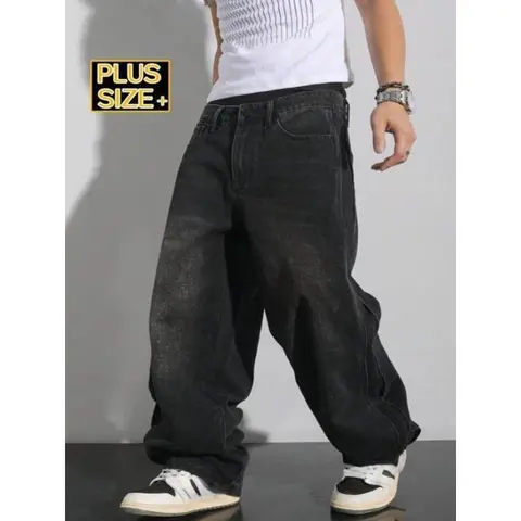 Big & Tall Men's Baggy Jeans Cotton Blend Stretch Black Vintage Washed Denim Streetwear Pants