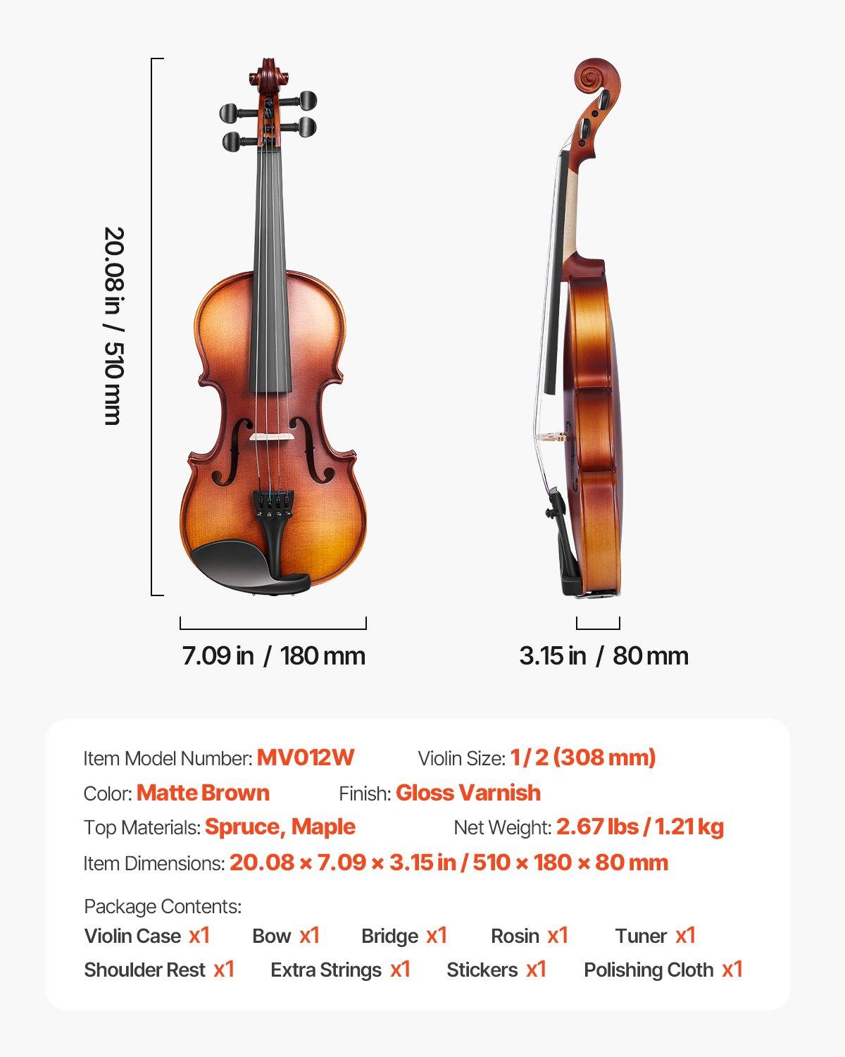 VEVOR 1/2 Size Solidwood Violin Full Kit, Professional Brown Musical Instrument for Beginners, Includes Hard Case, Rosin, Bow, Shoulder Rest, Bridge, Tuner, Extra Strings