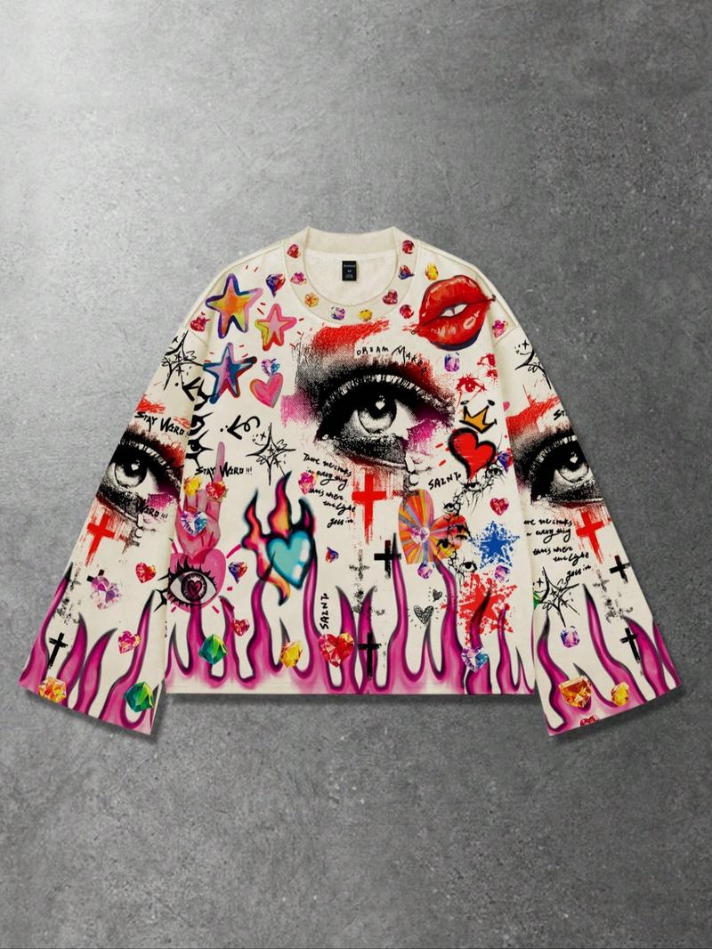 Men's Vintage Street Style Saint Print Long Sleeve Round Neck T-Shirt, Loose-Fitting Short Top for Fall, 2000s Fashion