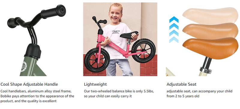 Bobike Toddler Balance Bike Toys for 2 to 5 Year Old Girls Boys Adjustable Seat and Handlebar No-Pedal Training Bike Best Gifts for Kids