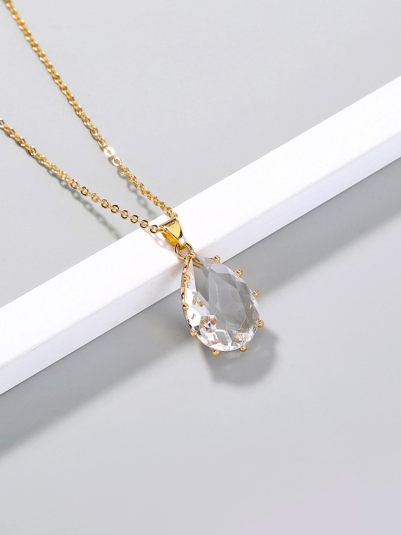 Simple Single Layer Transparent Gemstone Water Drop Crystal Zircon Pendant Necklace, Elegant Jewelry for Women, Perfect Gift Idea