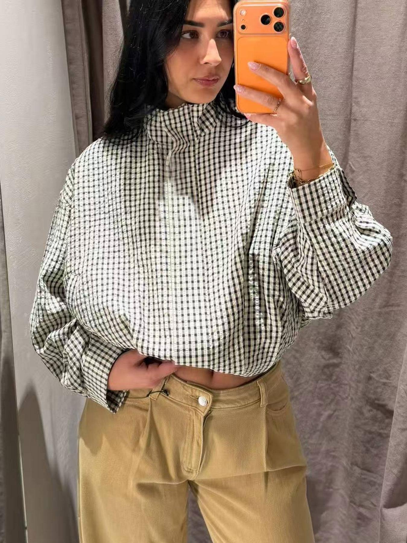 Plaid Oversized Jacket Women's Bomber Jacket Outerwear With Pockets Plaid Checked Outerwear Spring Autumn Black & White Check Long Sleeve Top Cropped Stand Collar Zip 2026 New Loose Oversized Fit Side Pockets Daily Wear Street Style Office Casual Top