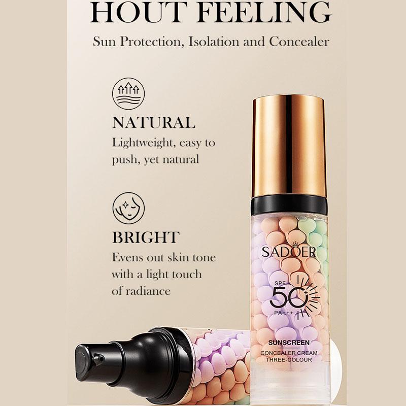 Three-Color Protective Isolation Cream with SPF 50 Coverage, Brightening & Oil-Control Moisturizer for Color Correction, Waterproof & Sweatproof Makeup Base