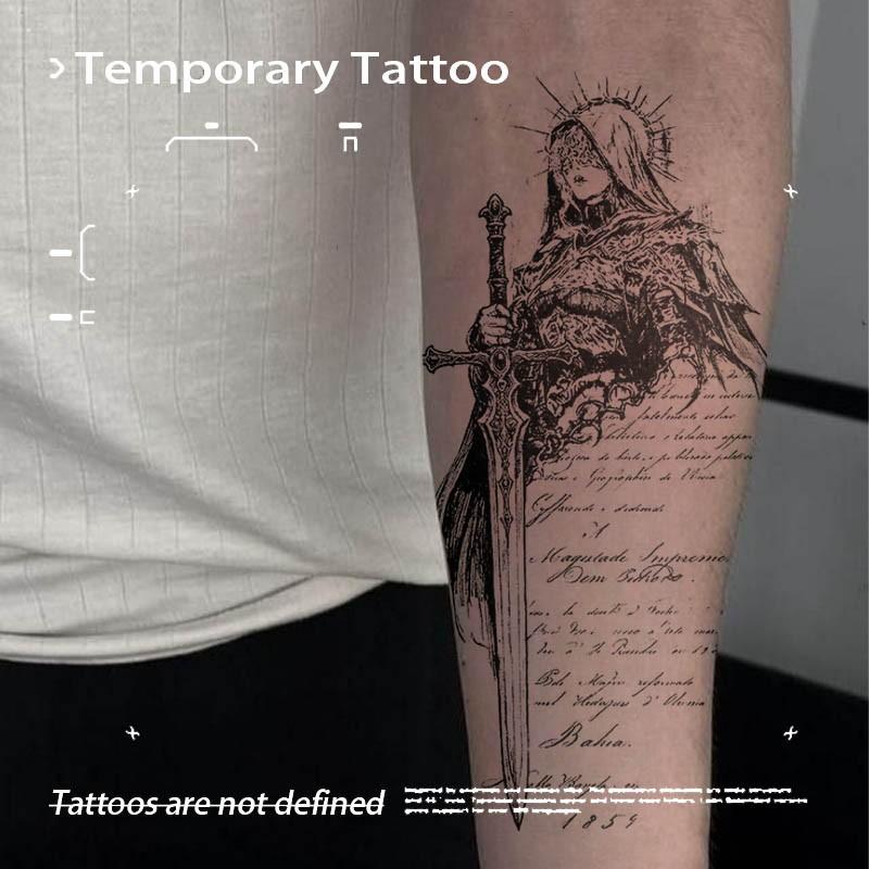 Vintage Script Holy Warrior Knight Sword Herbal Juice Semi Permanent Tattoo Sticker Waterproof Long Lasting Fake Body Tattoo Temporary Fake Tattoos Unisex Forearm Gothic Medieval Body Art Decal