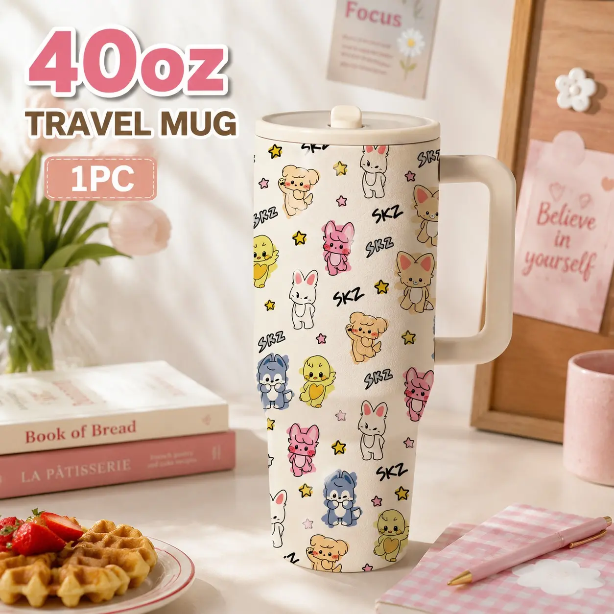 1pc 40oz Cute Cat Print Tumbler, Stainless Steel Travel Cup for Women, Leak-Proof Lid and Straw, Insulated Hot and Cold Drinks, Perfect Gift