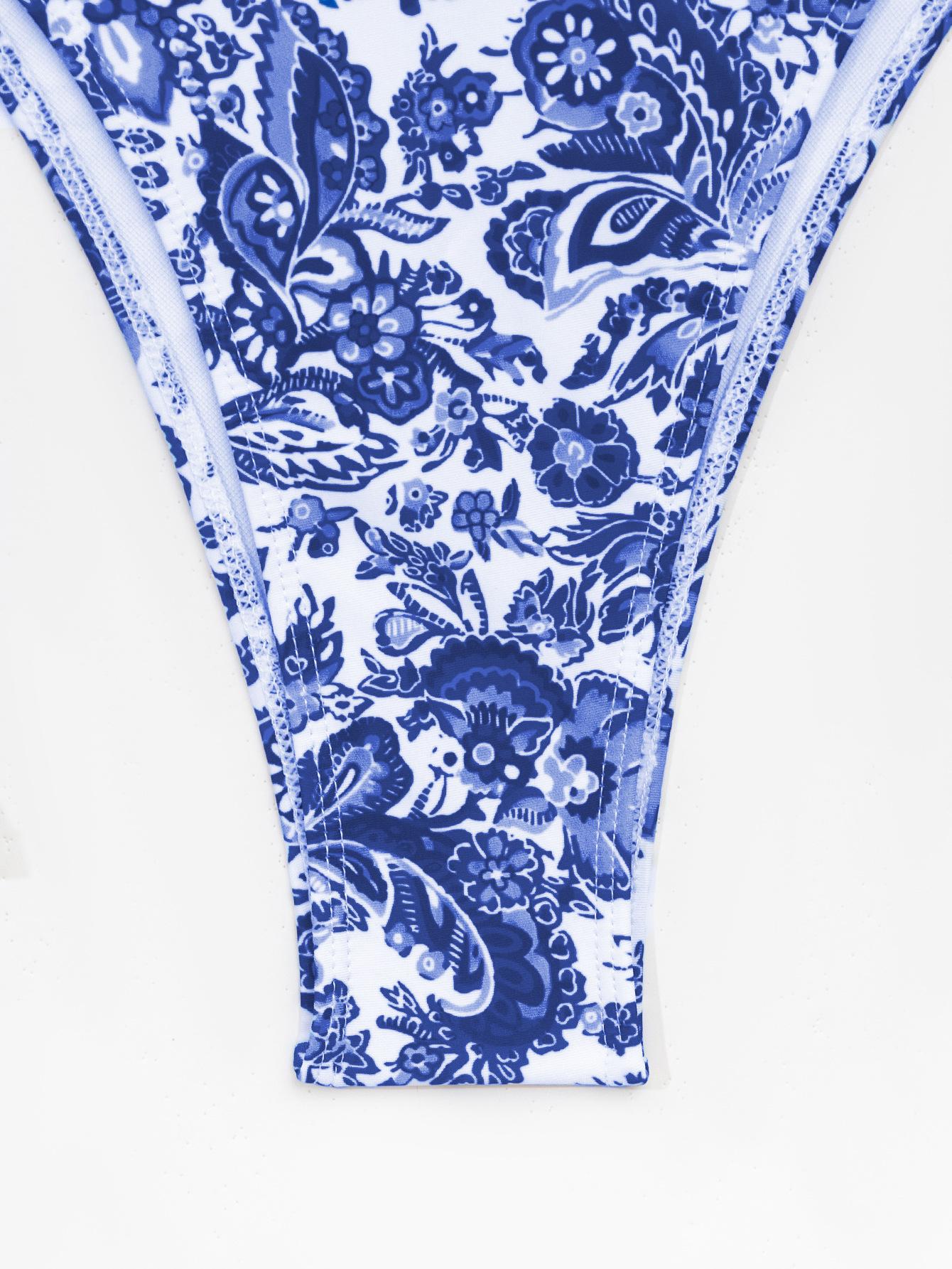 Women's Blue Paisley 3-Piece Swimsuit Set with Cover Up - Halter Bikini & Maxi Beach Cover Up for Summer Vacation,#ResortWear & Poolside Outfits,Floral triangle cup camisole dress, bikini three-piece swimsuit