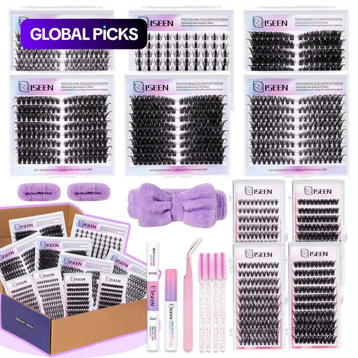 Eyelash Cluster Kit, D-Curl Fluffy Volume Lash Extensions, Dense & Long DIY Personal Lashes Set with Bond & Seal, Remover, Tweezers & Brush, Mixed Style Lashes, Multiple Lengths #GLOBAL PICKS