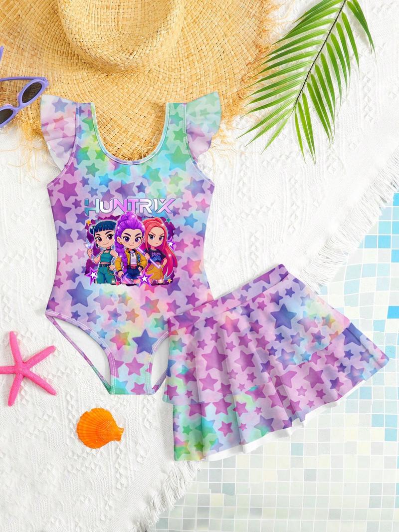 K-Pop Hunter Swimwear, Kpop Demon Hunters Beach Sweetheart Exclusive Swimsuit, Starry Gradient & Girl Group Print, Fashionable Halter Two-Piece Bikini
