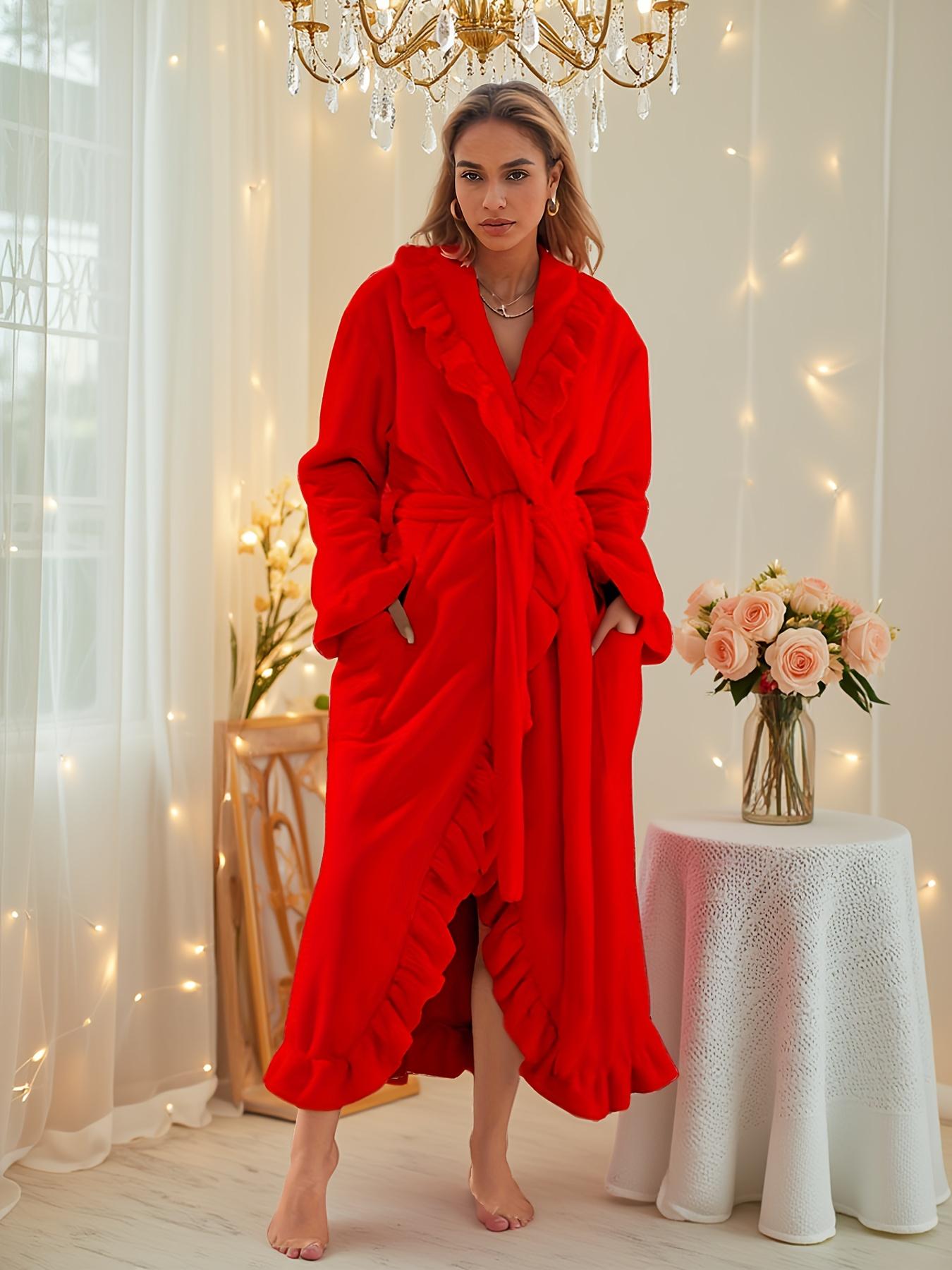 Fall & Winter Fitted Flannel Long-Sleeved Womenswear Robe with Ruffle Hem, Cozy Warmth, Elegant Chic Style and Elegance, Thick and Soft Layered Loungewear Bathrobe Nightwear