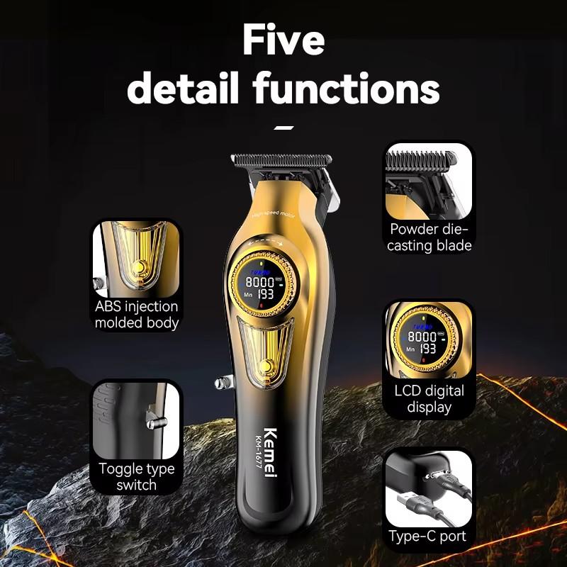 High-Speed Hair Clipper Km-1677, USB Digital Display, High Power, Ceramic Blade, Professional Electric Trimmer, Family Use