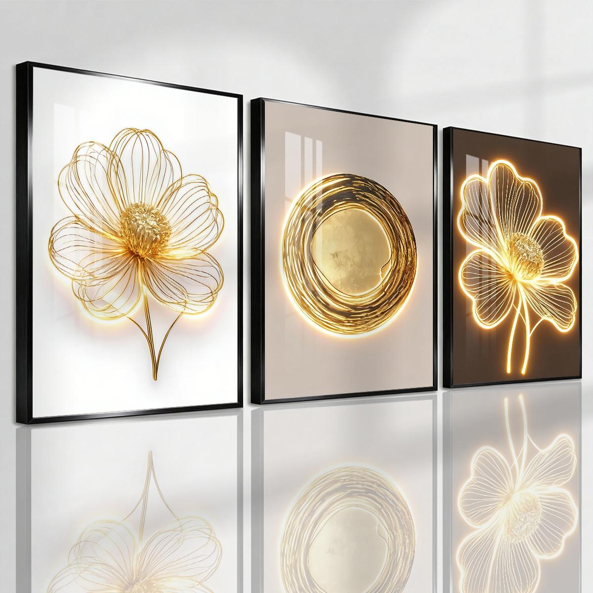 3 Counts Aluminum Alloy Framed Painting, Golden Wire Flower And Sun Abstract Art Pictures, Home Decoration For Living Room, Bedroom, Office, Restaurant, Hallway Wall Decor, Odorless Print Artwork, Luxury Perfect Gift For Friends And Family