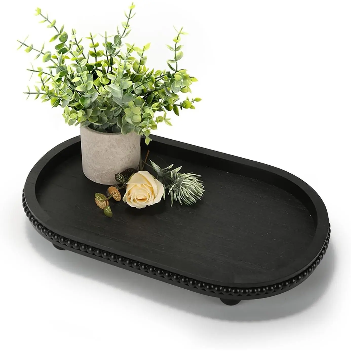 Black Oval Wooden Beaded Serving Tray – Rustic Farmhouse Decorative Centerpiece for Coffee Table, Living Room, Kitchen Counter, Home Office & Coffee BarGift