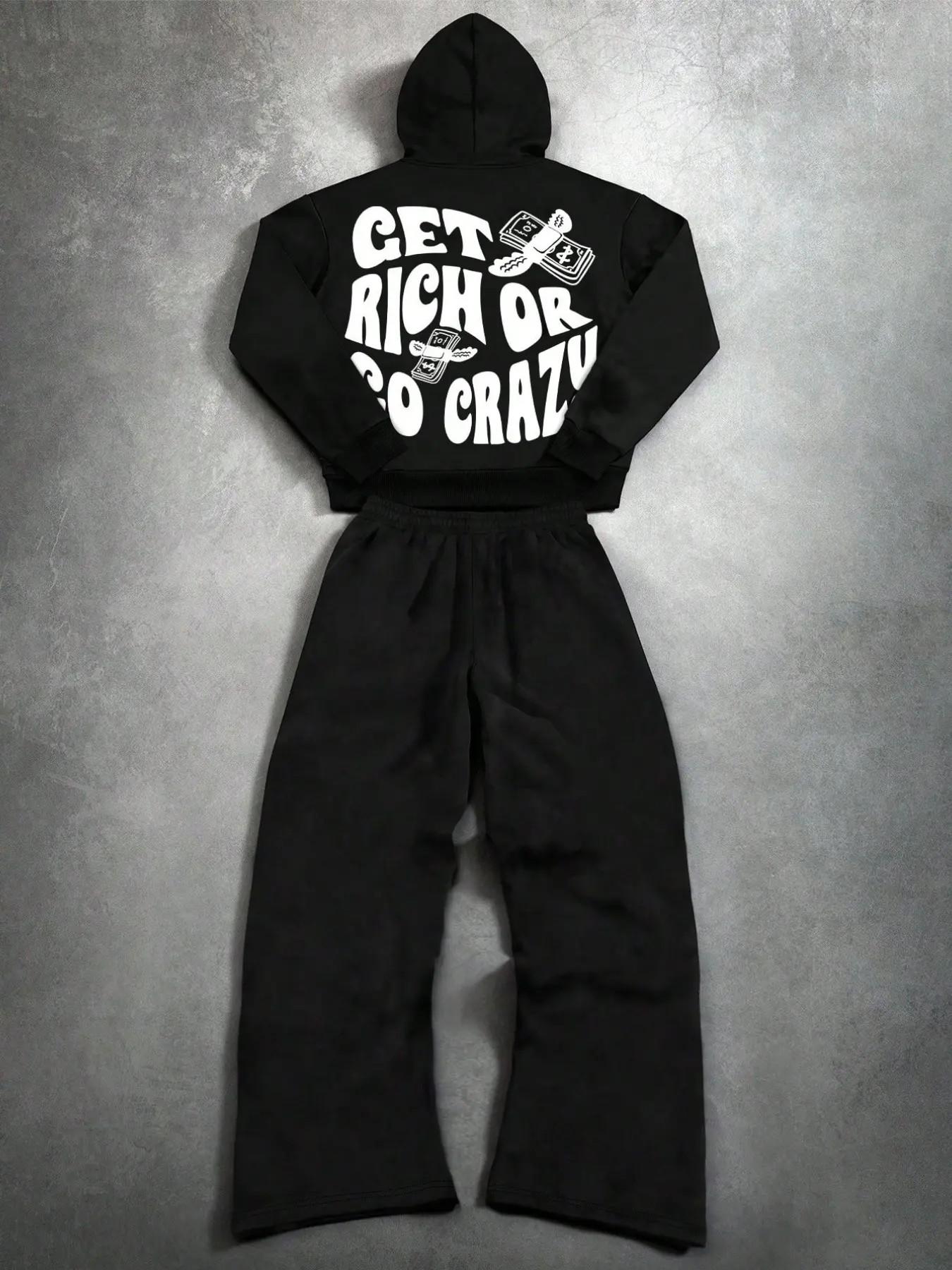 Y2K Crazy Cartoon Graphic Hoodie Set Men Skull Star Print Flare Pants 2‑Piece Outfit Hip‑Hop Streetwear Loose Sweatshirt Tracksuit For Sports Daily Street‑Going