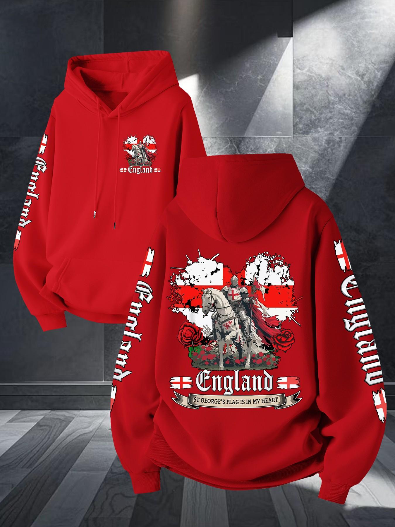 Middle Ages Long Spear Knight England Flag Print Hoodie, Unisex Casual Long Sleeve, Kangaroo Pocket, Fall & Winter Streetwear