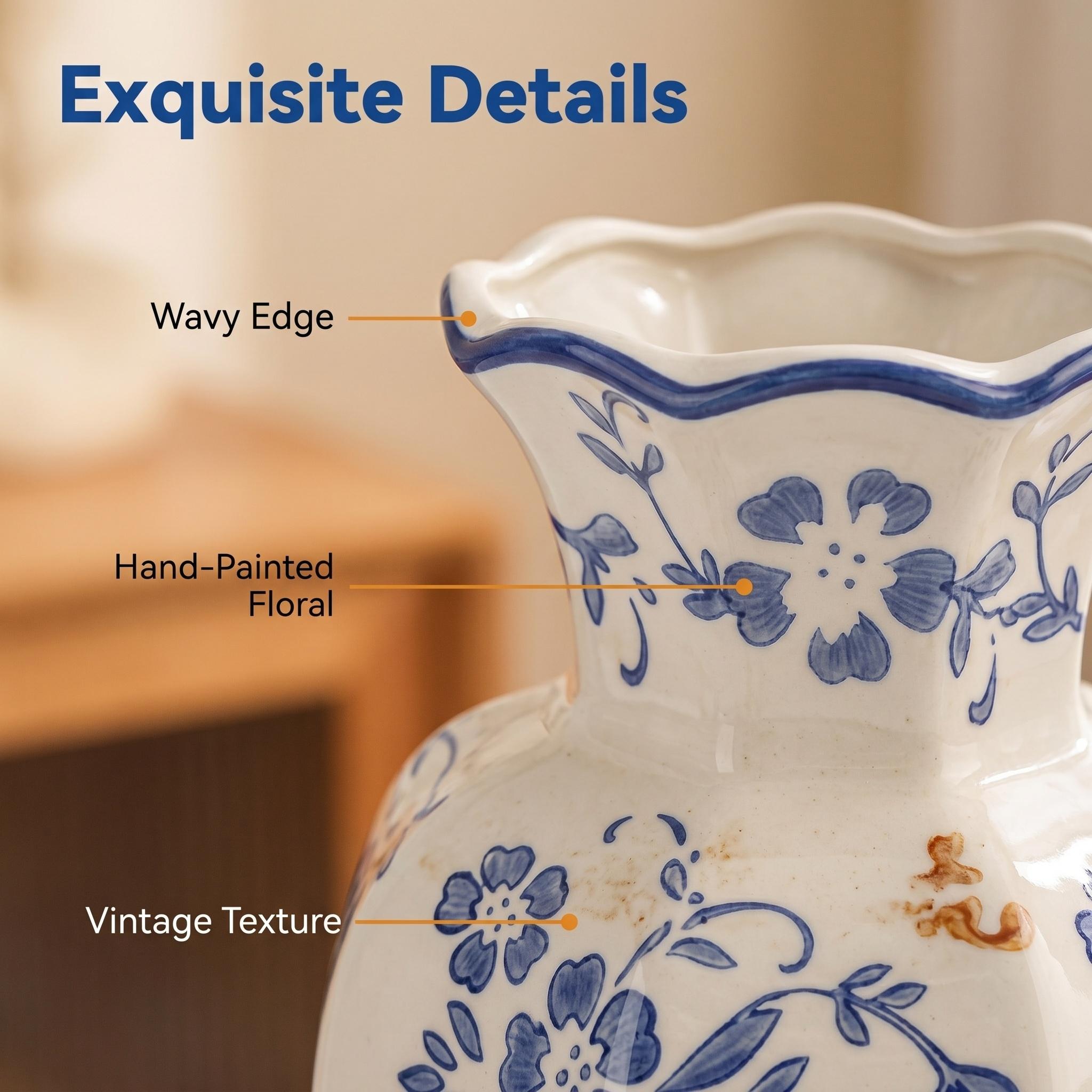 Vintage Oriental Blue And White Porcelain Vase Set of 2, Hand Painted Floral Ceramic Vases Large & Small Matching Design, Chinese Style Tabletop Flower Vase for Living Room Entryway Bedroom Farmhouse Home Decor, Perfect Housewarming Gift