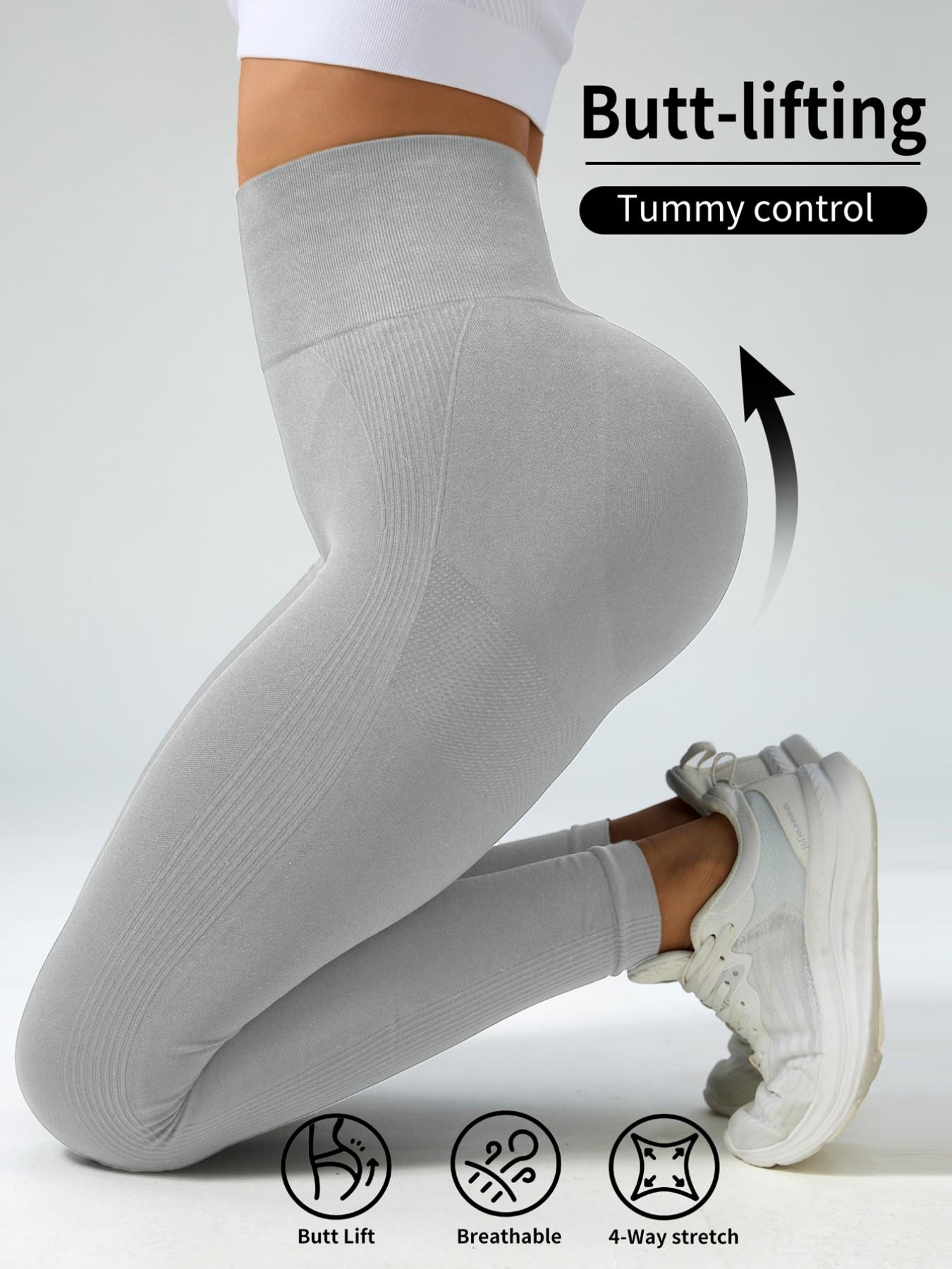 Women's Seamless Knitted Yoga Pants, High Waist Tummy Control Workout Pants, Elastic Smiling Peach Butt Fitness Pants, Body Sculpt Leggings, Gym Sportswear Bottoms, High Waists Leggings, 200g