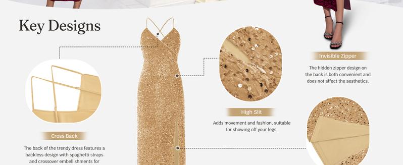 Wenrine Women's Sparkly Sequin Dress Spaghetti Strap V Neck Sexy High Slit Formal Club Party Evening Maxi Dresses