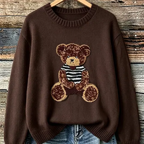 Plus Size Elegant Casual Bear Patch Crew Neck Sweater, Oversized Long Sleeve Jumper for Women, Loose-fitting Knitwear for Fall & Winter