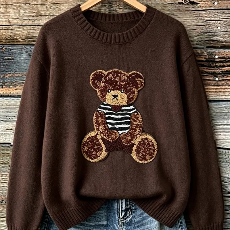 Plus Size Elegant Casual Bear Patch Crew Neck Sweater, Oversized Long Sleeve Jumper for Women, Loose-fitting Knitwear for Fall & Winter
