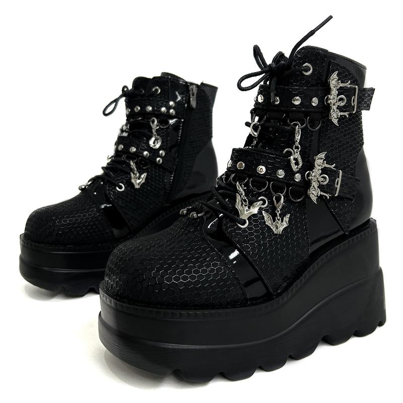 CELNEPHO Platform Goth Ankle Boots for Womem Black Holographic Combat Platform Heel Boots with Side Zip Jennifers Body Boots Lace Up Dress Shoes