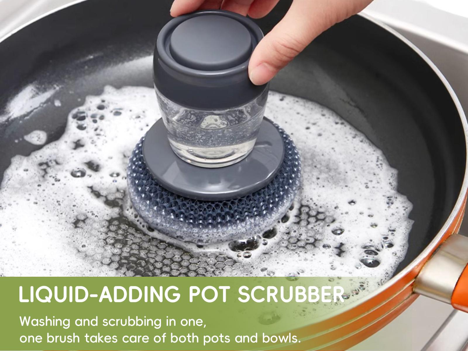 Automatic Liquid Filling Comfort Handle Soap Dispense Palm Brush for Kitchen Sink Pot Bowl Cleaning,tackle tough stain,kitchen stove Cleaning,grease removal,brush applicator,glove brush Squeegee