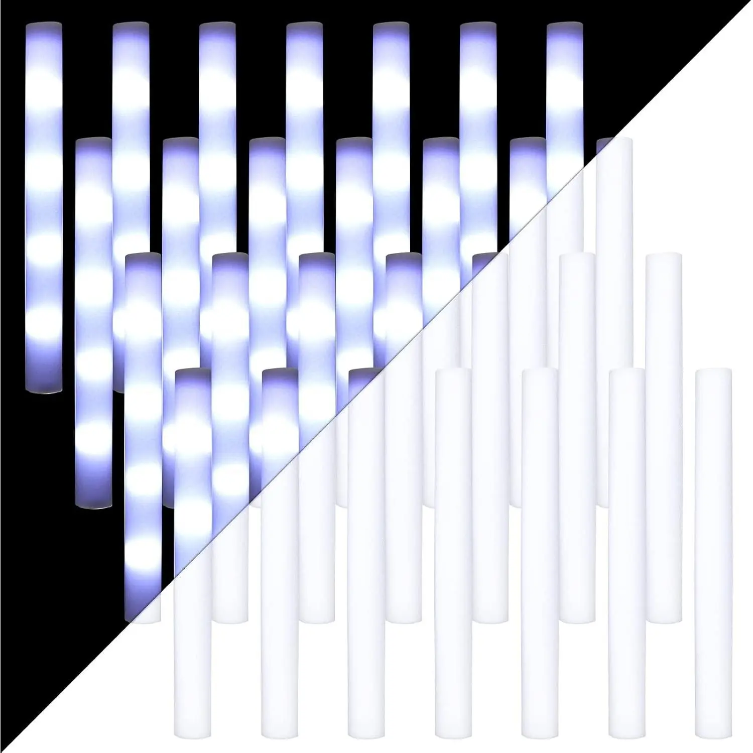 50 White LED Foam Stick Bulk 16 Inch 3 Modes Light up Glow in The Dark Light Sticks Flashing Glow Wands for Wedding Birthday Rave Concert Carnival Multi Item Party Favor Packs, Battery Powered